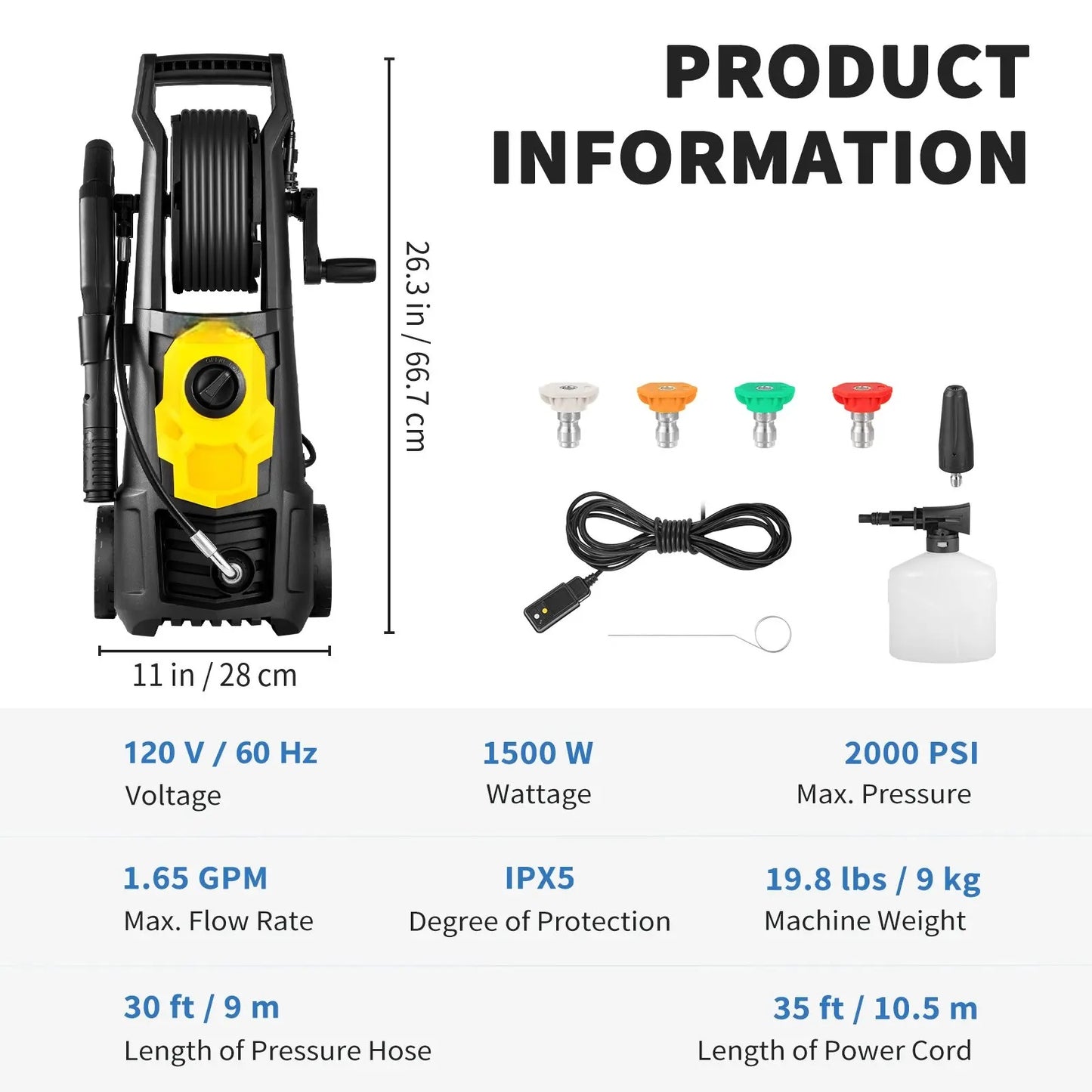2000 PSI Electric Pressure Washer with 30 ft Hose & Foam Cannon