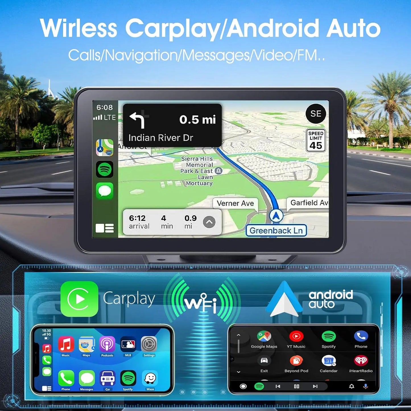 7" HD Portable Wireless CarPlay Screen with Android Auto