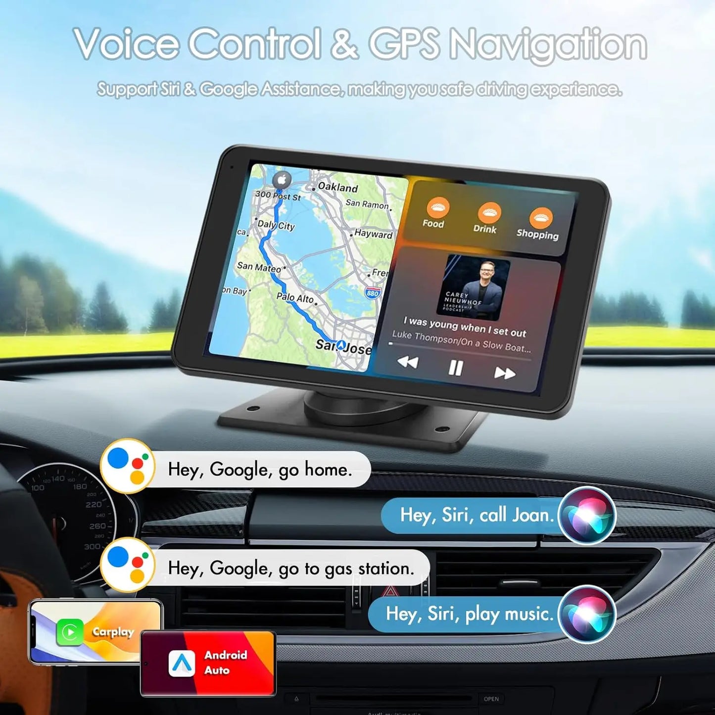 7" HD Portable Wireless CarPlay Screen with Android Auto