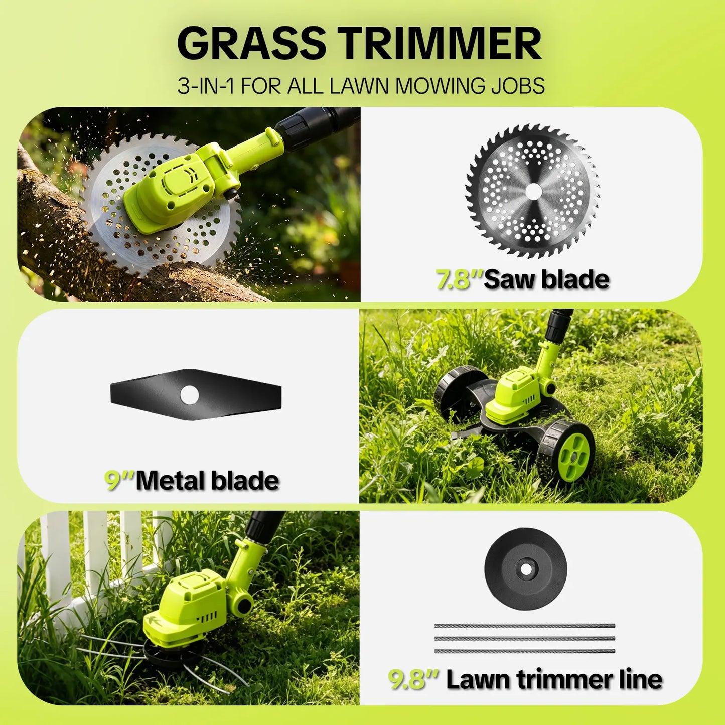 20V Cordless Weed Trimmer with 3 Cutting Accessories & Dual Batteries