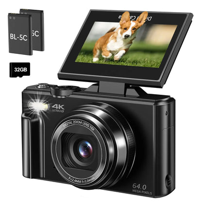 4K Digital Camera 64MP with 180° Flip Screen