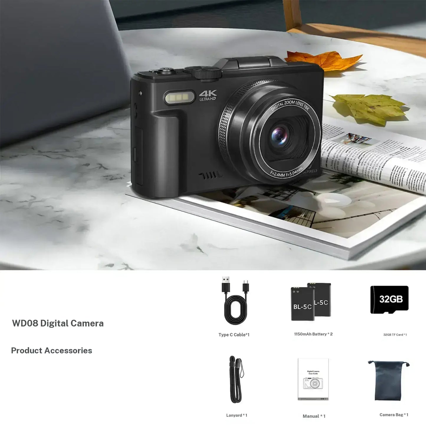 4K Digital Camera 64MP with 180° Flip Screen