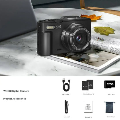 4K Digital Camera 64MP with 180° Flip Screen