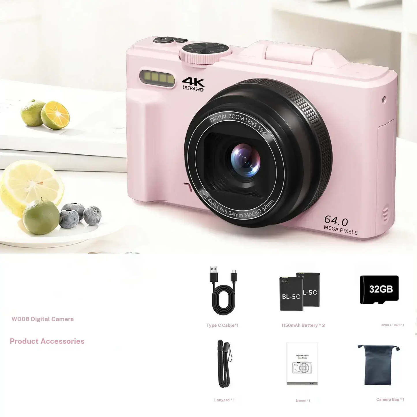 4K Digital Camera 64MP with 180° Flip Screen